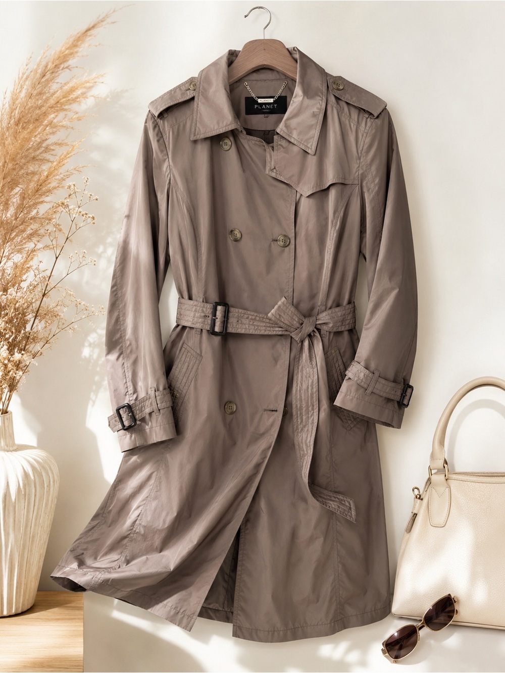 Planet Belted Trench Coat w/ Removable Quilted Lining | Taupe | Size 16Petite